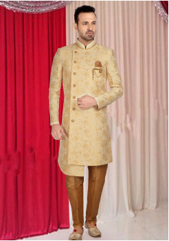 Cream With Gold Print Indo Western Shervani